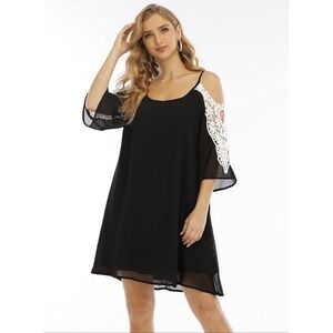 Aofur‎ Black Cold Shoulder Lace Trim Mini Dress Women